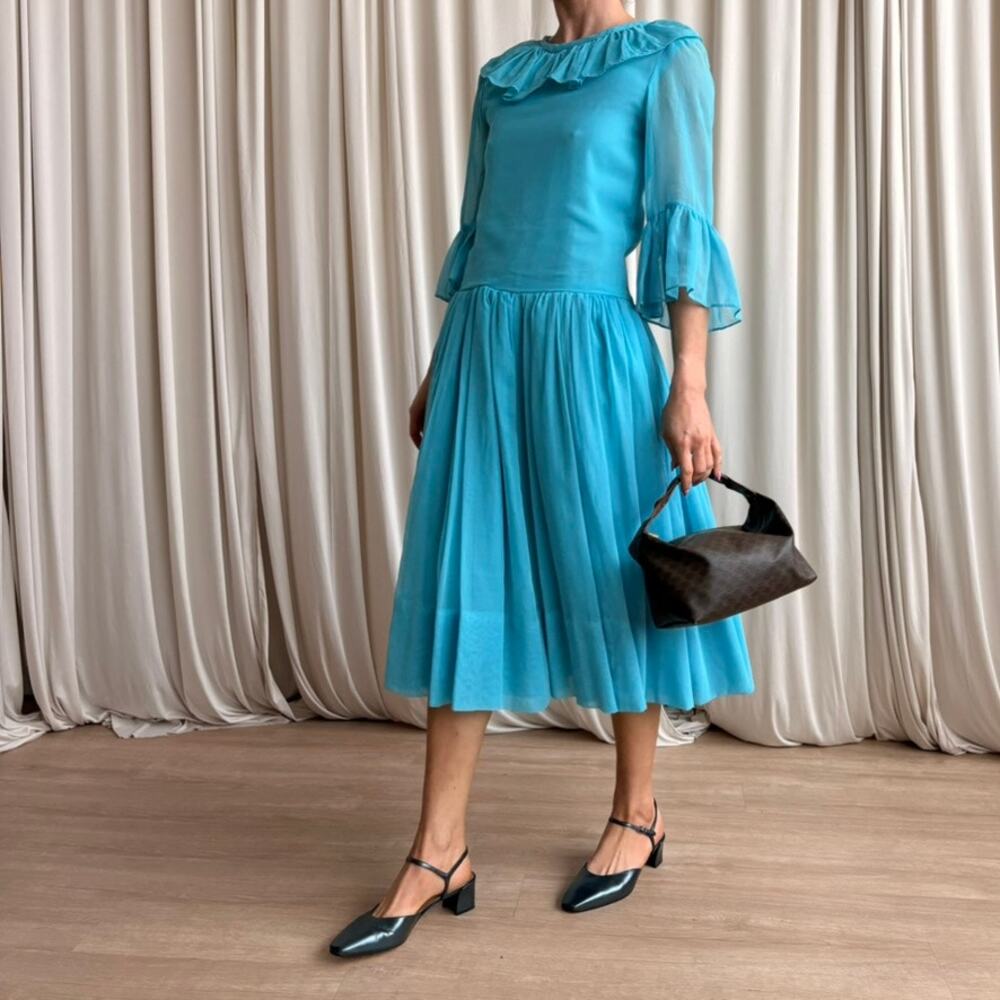 Ollie Wright 60s Turquoise Drop-Waist Midi - Sheer Chiffon, Handmade, Fits Small